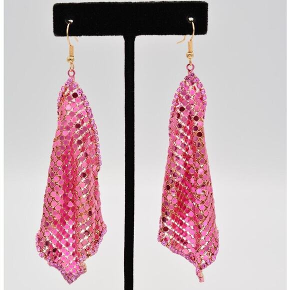 Statement Chainmail Earrings Barbie Pink Rhinestone Crystal Gold Dangle Y2K 9D - Picture 1 of 12